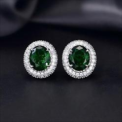 Green Brass Micro Pave Cubic Zirconia Stud Earrings for Women, Oval, Platinum, Green, 20x16.5mm