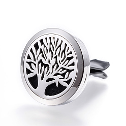 Black 316 Surgical Stainless Steel Car Diffuser Locket Clips, with Perfume Pad and Magnetic Clasps, Flat Round with Tree, Black, 30x7mm