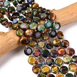 Разноцветный Натуральные нити из окрашенных тигровым глазом бусин, граненый шестиугольный разрез, плоско-круглые, с бисером, красочный, 10~10.5x6 мм, отверстие : 1 мм, около 31~32 шт / нитка, 15.35''~15.55'' (39~39.5 см)