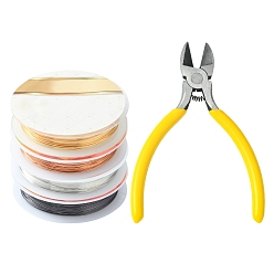 Mixed Color 4 Rolls 4 Color Copper Round Wire for Jewelry Making, Long-Lasting Plated, with Side Cutting Pliers, Mixed Color, 26 Gauge, 0.4mm, about 32.81 Feet(10m)/Set, 1 Roll/color