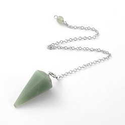 Green Aventurine Platinum Tone Brass Green Aventurine Cone Hexagonal Pointed Dowsing Pendulums, with Lobster Claw Clasps, 230x3mm