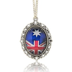 Antique Silver Alloy Glass Pendants, Oval with Union Jack Pattern, Antique Silver, 39x29x6mm, Hole: 2mm