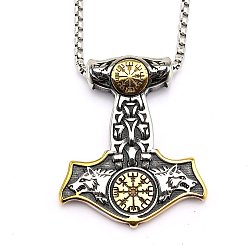 Золотой & Цвет Нержавеющей Стали Двухцветный 304 подвеска в виде двойной волчьей головы из нержавеющей стали с молотком для мужчин, золотые и нержавеющая сталь цвет, 23.62 дюйм (60 см)