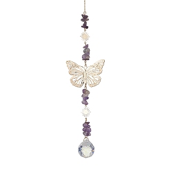 Amethyst Butterfly Brass Pendant Decorations, with Glass Pendants and Amethyst Beads, 315mm