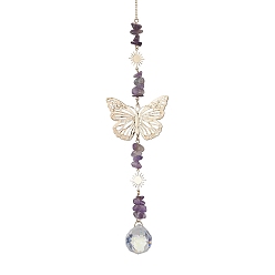 Аметист Украшения из латуни-бабочки, со стеклянными подвесками и бусинами из аметиста, 315 мм