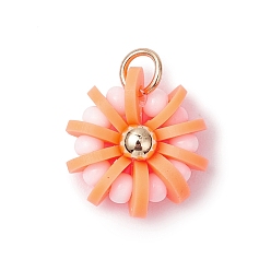 Сэнди Коричневый Подвески из полимерной глины, стеклянных семян и латуни ручной работы, цветок, с 304 кольцами из нержавеющей стали, песчаный коричневый, 15x14x6 мм