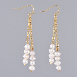 Golden Natural Cultured Freshwater Pearl Dangle Earrings, with Brass Earring Hooks and Cable Chains, Golden, 69mm, Pin: 0.7mm