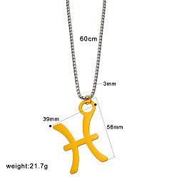 Рыбы Панк-стиль 304 Подвески из нержавеющей стали с изображением двенадцати созвездий и цепочками из нержавеющей стали в форме коробки, реальный 18 k позолоченный, Рыбы, 23.62 дюйм (60 см), Кулон : 39x56 мм