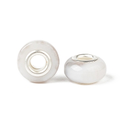 White Rondelle Resin European Beads, Large Hole Beads, Imitation Stones, with Silver Tone Brass Double Cores, White, 13.5x8mm, Hole: 5mm