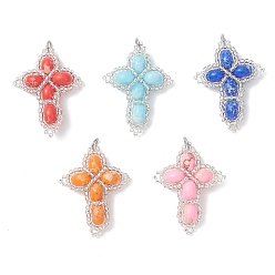 (52) Непрозрачная лаванда Окрашенная синтетическая императорская яшма с подвесками из стеклянных бусин, подвески-крестики с 304 соединительными кольцами из нержавеющей стали, цвет нержавеющей стали, разноцветные, 37x28x8.5 мм, отверстие : 3 мм