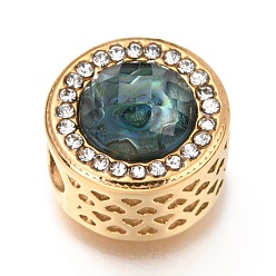 Изумруд 304 из нержавеющей стали европейские шарики, бусины с большим отверстием, со стразами, плоско-круглые, изумруд, 12x10 мм, отверстие : 4.5 мм