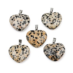 Далматинских Джаспер Природные яшмы далматин подвески, ограненные сердце прелести, с железными поручнями, платина, 21.5~22.5x23~23.5x9~10 мм, отверстие : 2.5x7~7.5 мм