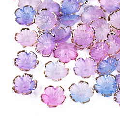 Cornflower Blue Plastic Bead Caps, 5-Petal Flower, Two Tone, Golden Metal Enlaced, Cornflower Blue, 10~11x10~11x4mm, Hole: 1.6mm, about 2140pcs/bag
