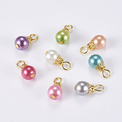 Golden Glass Pearl Pendants, with Iron Findings, Round, Golden, 16x8mm, Hole: 2~3mm