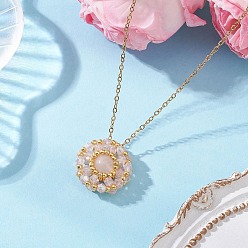 Розовый Кварц Кулон из натурального розового кварца и стеклянных бусин с плоским круглым сечением 304 ожерелья из нержавеющей стали с цепочкой, золотые, 17.60 дюйм (44.7 см)