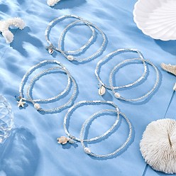 Mixed Shapes 8 летние эластичные браслеты на щиколотку из натурального жемчуга и круглых стеклянных бусин, Женские браслеты на ногу с подвесками из синтетической бирюзы, натуральной ракушки и натурального аквамарина, белый и ясно, разнообразные, внутренний диаметр: 3~3-1/8 дюйм (7.5~8 см), 1 шт / стиль, 8 шт / комплект