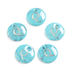 Letter Q Synthetic Turquoise Charms, with Plastic Letter, Flat Round, Letter.Q, 15x2mm, Hole: 1.5mm