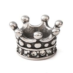 Crystal 316 Surgical Stainless Steel European Beads, with Rhinestone, Large Hole Beads, Crown, Antique Silver, Crystal, 10.5x6mm, Hole: 5mm