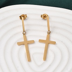 Настоящее золото 18K Пересечь 304 стали болтаться серьги стержня нержавеющей, ионное покрытие (ip), реальный 18 k позолоченный, 40.5x14 мм