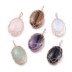 Mixed Stone Mixed Gemstones Pendants, Wire Wrapped Pendants, with Rose Gold Plated Brass Wire, Oval, 42.5x23x10mm, Hole: 5x7mm