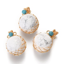 Говлит Подвески из натурального говлита и бирюзы, с фурнитурой позолоченной латунной, круглые, 26.5~28x17~17.5x16.5 мм, отверстие : 3~5 мм