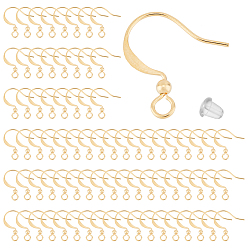 Golden 150Pcs Brass Earring Hooks, with Horizontal Loops and 200Pcs Plastic Ear Nuts, Long-Lasting Plated , Real 18K Gold Plated, 16x15.5x2.5mm, Hole: 2.5mm, 24 Gauge, Pin: 0.5mm
