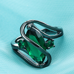 Зеленый Кольца для женщин с конским глазом и кубическими цирконами из латуни, металлический черный , зелёные, размер США 9 (18.9 мм)