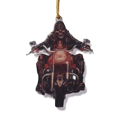 Black Opaque One-sided Printed Acrylic Big Pendants, for Halloween, Skeleton with Motorcycle, Black, 505x2mm, Hole: 4.5mm