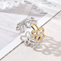 Golden & Stainless Steel Color 304 Stainless Steel Micro Pave Cubic Zirconia Cuff Open Rings, Flower, Golden & Stainless Steel Color, 10mm, US Size 8 1/4(18.3mm)