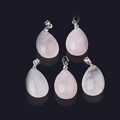 Розовый Кварц Природного розового кварца подвески, с латунной фурнитурой платинового цвета, слеза, 23.5x15x8 мм, отверстие : 4x4 мм