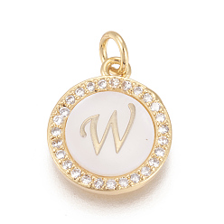 Letter W Латунные микро проложить кубического циркония подвески, с оболочкой, долговечный, без свинца, без кадмии и без никеля, реальный 18 k позолоченный, плоские круглые с буквы, прозрачные, буква.w, 16x13.5x3 мм, отверстие : 3 мм