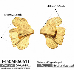Golden 316 Surgical Stainless Steel Stud Earrings, Leaf, Golden, 54x40mm