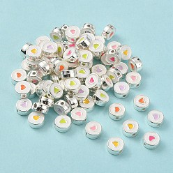 Mixed Color Alloy Enamel Beads, Silver, Flat Round with Heart, Mixed Color, 8x3.5mm, Hole: 1.2mm