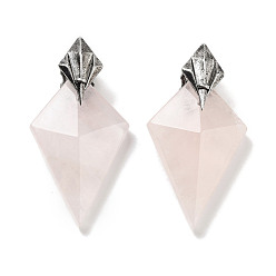 Розовый Кварц Природного розового кварца подвески, граненые подвески-воздушные змеи с фурнитурой из латуни, покрытой старинным серебром, 46.5x24x11 мм, отверстие : 4.5 мм