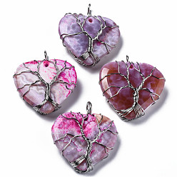 Natural Agate Natural Agate Pendants, Dyed, with Platinum Brass Findings, Rack Plating, Heart, 38~40x32.5~34x11mm, Hole: 3~5mm