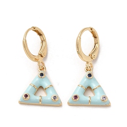 Light Blue Triangle Golden Brass Dangle Leverback Earrings, with Enamel and Cubic Zirconia, Light Blue, 27x13.5mm