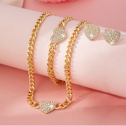 Золотой Наборы браслетов, сережек и ожерелий из сплава с кристаллами и стразами, сердце, золотые, длина ожерелья: 14.17 дюйм (36 см) и 170 мм и 17x16 мм