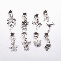 Antique Silver Tibetan Style Alloy European Dangle Charms, Large Hole Pendants, Mixed Shape, Antique Silver, 24~40mm, Hole: 4.5mm, Pendant: 12~24.5x9~16.5x1.5~4mm