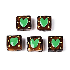 Седло Коричневый Ручной спрей окрашены бусины бисера, Эмаль стиле, квадрат и сердце, седло коричневый, 15~16.5x14.5~15.5x7~9.5 мм, отверстие : 1.2~1.6 мм