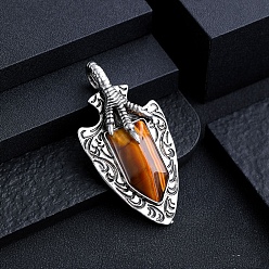 Tiger Eye Natural Tiger Eye Faceted Pendants, Arrow Charms, Antique Silver, 28x28mm