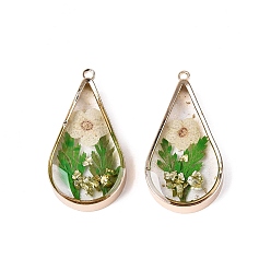 Cornsilk Epoxy Resin Pendants, Teardrop & Dried Flower Charms, with Sequins & Glitter Powder & Light Gold Plated Brass Edge and Loop, Cornsilk, 30.5x16x5~6mm, Hole: 1.6mm