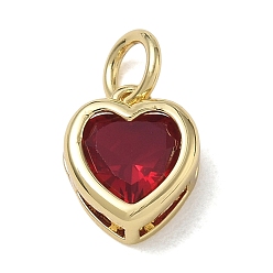 Dark Red Brass Pave Cubic Zirconia Charms, Heart Charms, Single Stone Charms, Long-Lasting Plated, Rack Plating, Lead Free & Cadmium Free, Real 18K Gold Plated, Dark Red, 12x10x5mm, Hole: 5mm