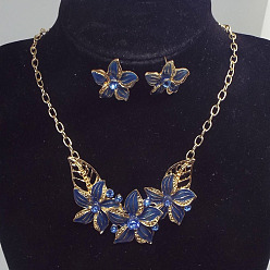 Стально-синий Комплекты из серег и ожерелий из сплава со стразами и эмалью, цветок, стальной синий, 340 мм