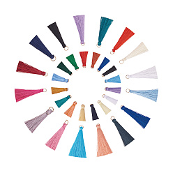 Mixed Color Nylon Thread Tassel Pendants Decoration, with Brass Findings, Golden, Mixed Color, 35~66x7mm, Hole: 7mm, about 32pcs/set