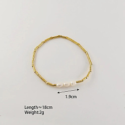 Жемчуг 304 Эластичные браслеты из нержавеющей стали и бусин из натурального жемчуга для женщин, реальный 18 k позолоченный, 7.09 дюйм (18 см)