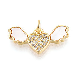 Настоящее золото 18K Латунные микропаве прозрачные подвески с фианитом, без кадмия и без свинца, с оболочкой, Сердце и крыло, с целью перехода в кольце, реальный 18 k позолоченный, 10x20.5x2 мм, отверстие : 3 мм