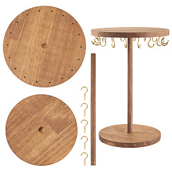 Перу Вращающаяся круглая деревянная подвесная стойка-органайзер для ожерелий и ювелирных изделий, с 18шт. железных крючков, для ожерелья, хранение браслетов, золотые, Перу, 17.9x17.9x25.5 см