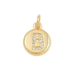 Letter B Breloques en laiton zircon cubique transparent, rond plat avec breloques en forme de lettre, plaqué longue durée, sans plomb et sans cadmium, crémaillère plaquage, réel 18 k plaqué or, lettre b, 12.5x10x1.5mm, Trou: 3mm
