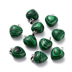 Malachite Synthetic Malachite Pendants, with Platinum Brass Loops, Heart, 18~19x15~15.5x6~8mm, Hole: 6x2.5~3mm