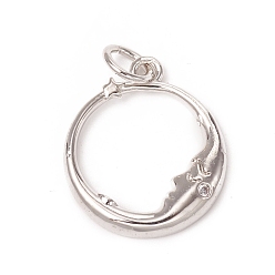 Платина Латунные микропаве прозрачные подвески с фианитом, с прыжковых колец, долговечный, круглое кольцо с луной и звездой, платина, 17x14.5x2.5 мм, переходное кольцо: 5x0.7 мм, внутренний диаметр: 3.6 мм